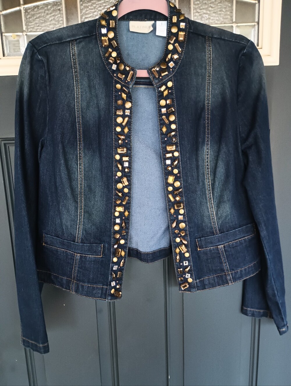 Chico's Platinum Sz 1 (US M 8-10) Bejeweled Unlined Denim Jacket Never Worn